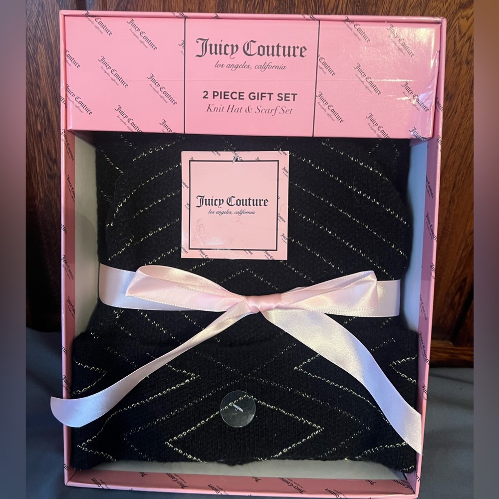 Juicy Couture Knit Hat & Scarf Set, black with silver threads, new in gift box